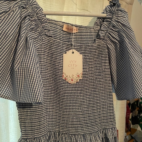 Ivy City Co Indie Jumpsuit Blue Gingham Wide Leg Smocked Sz Medium - Picture 2 of 4